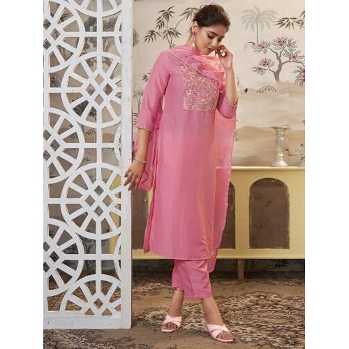 Sanisa Women's Chinnon Embroidery Straight Kurta With Pant And Dupatta Set (180Kbd1923N-S_Pink)