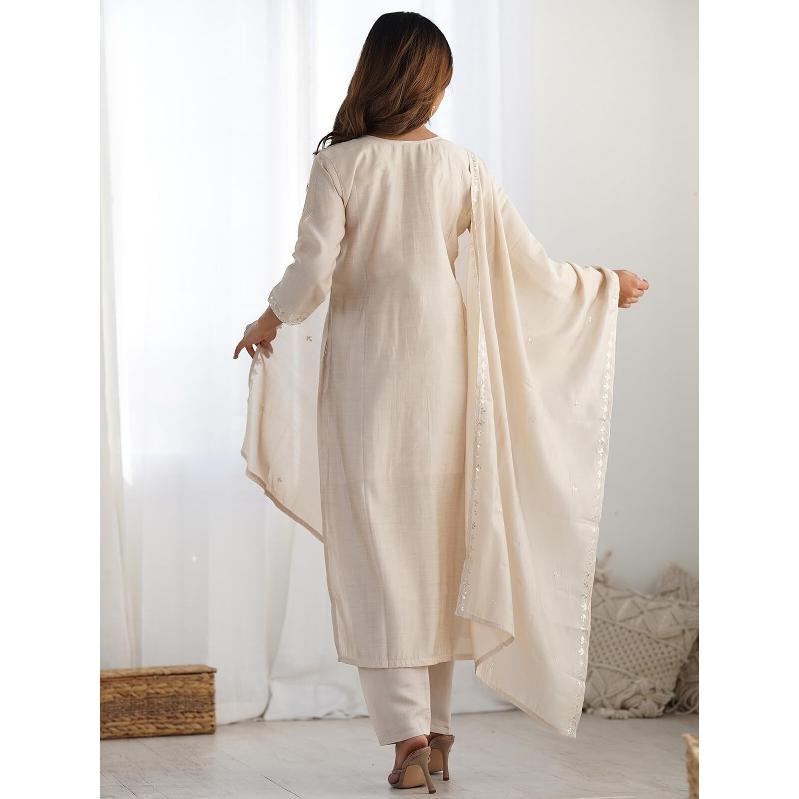 Sanisa Women's Silk Sequins And Embroidery Straight Kurta With Pant And Dupatta Set (235Kbd2484N-Xl_Beige)