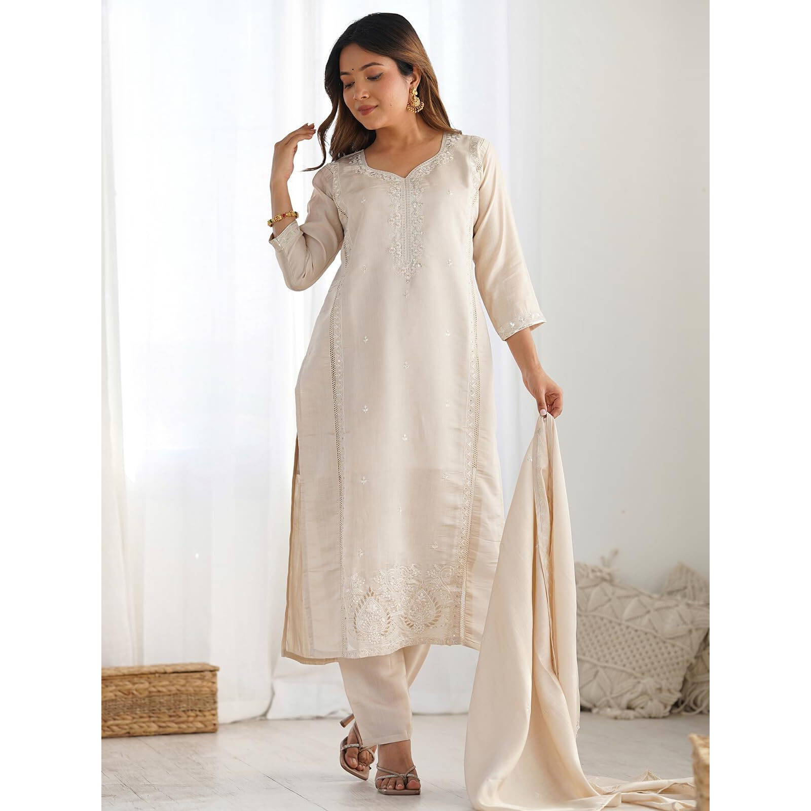 Sanisa Women's Silk Sequins And Embroidery Straight Kurta With Pant And Dupatta Set (235Kbd2484N-Xl_Beige)