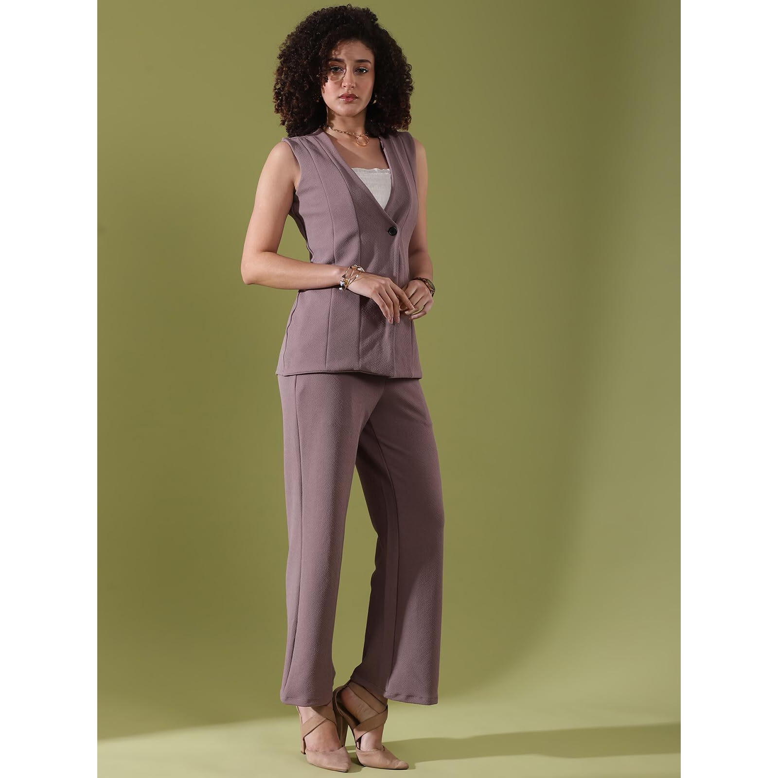 Selvia Women's Co-Ords Set|Sleeveless Lycra V-Neck Co-Ords Set|Top & Trouser Co-Ords Set|2 Piece Co-Ord Set|Coat-Pant Set|Formal Co-Ords Set (646Ctk11305N-M_Mauve)
