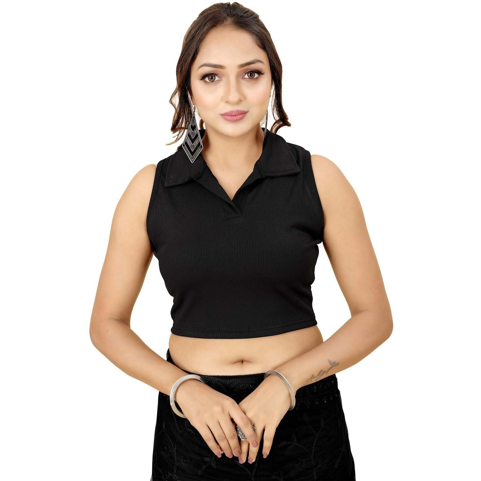 Shasmi Women's & Girls' Solid Ribbed Polo Club Collar Sleeveless Slim Fit Simplicity Blouse For Women (Blouse 49 Black M)