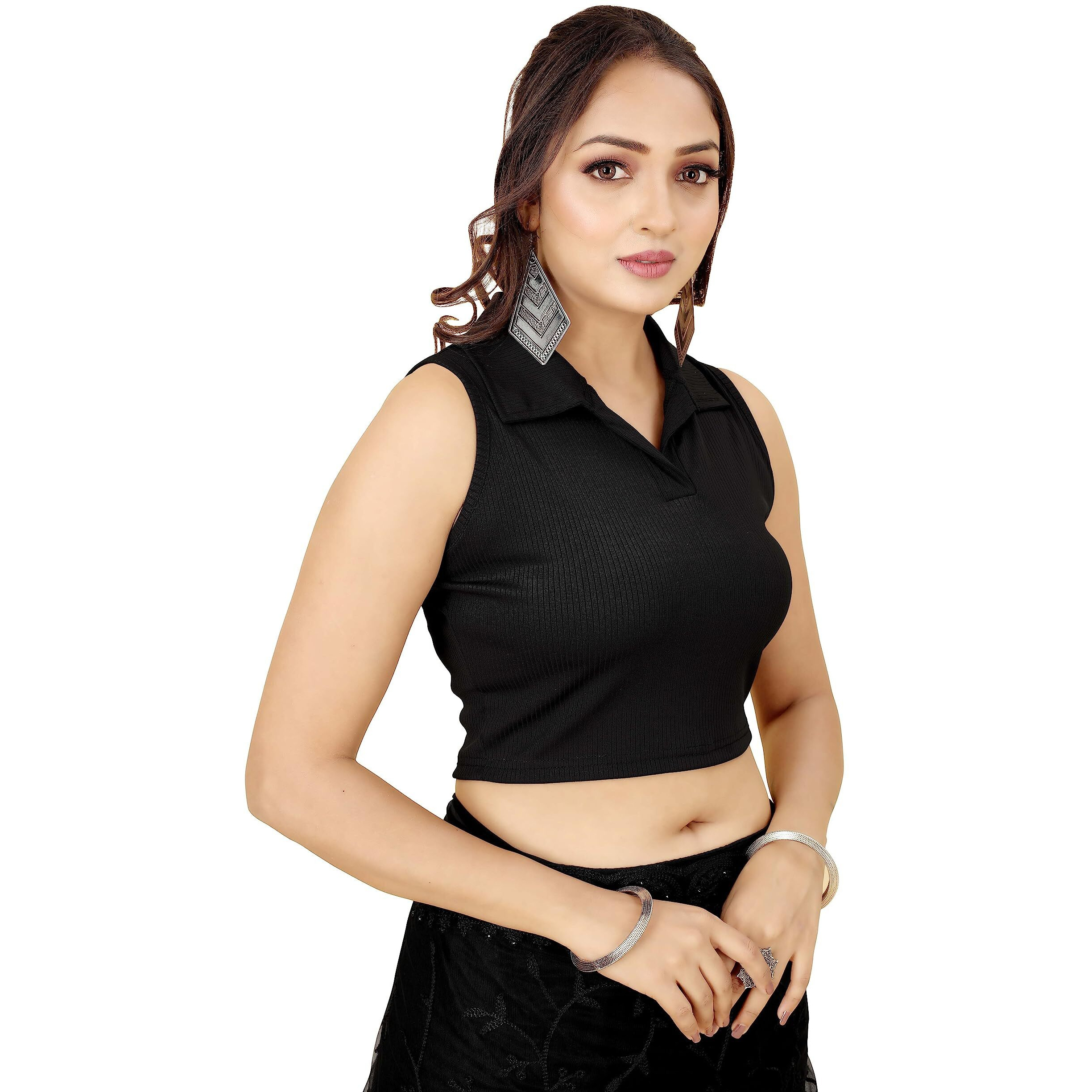 Shasmi Women's & Girls' Solid Ribbed Polo Club Collar Sleeveless Slim Fit Simplicity Blouse For Women (Blouse 49 Black M)