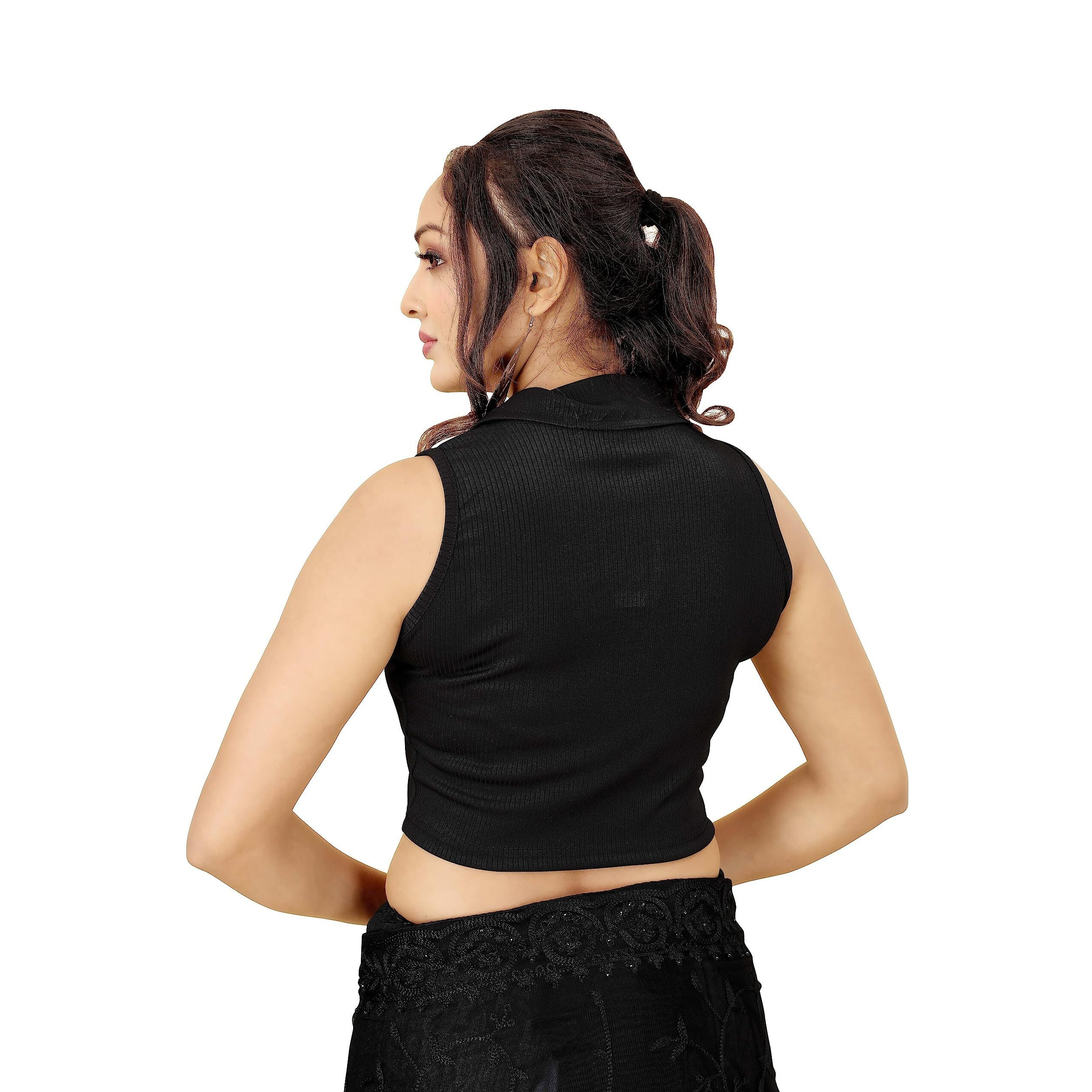 Shasmi Women's & Girls' Solid Ribbed Polo Club Collar Sleeveless Slim Fit Simplicity Blouse For Women (Blouse 49 Black M)