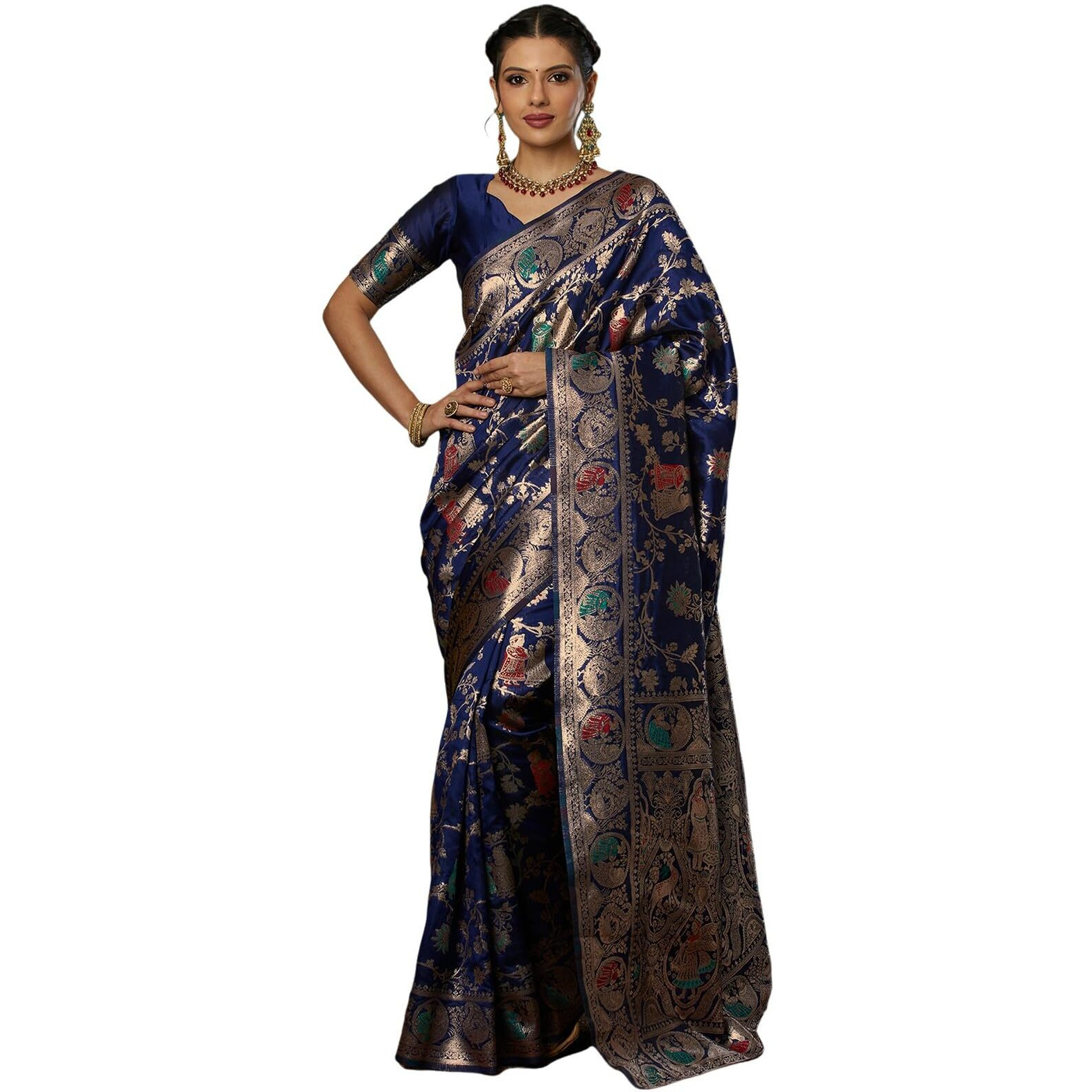 Satrani Women's Silk Blend Weaving Banarasi Saree With Unstitched Blouse Piece (4100S733N_Navy Blue1)