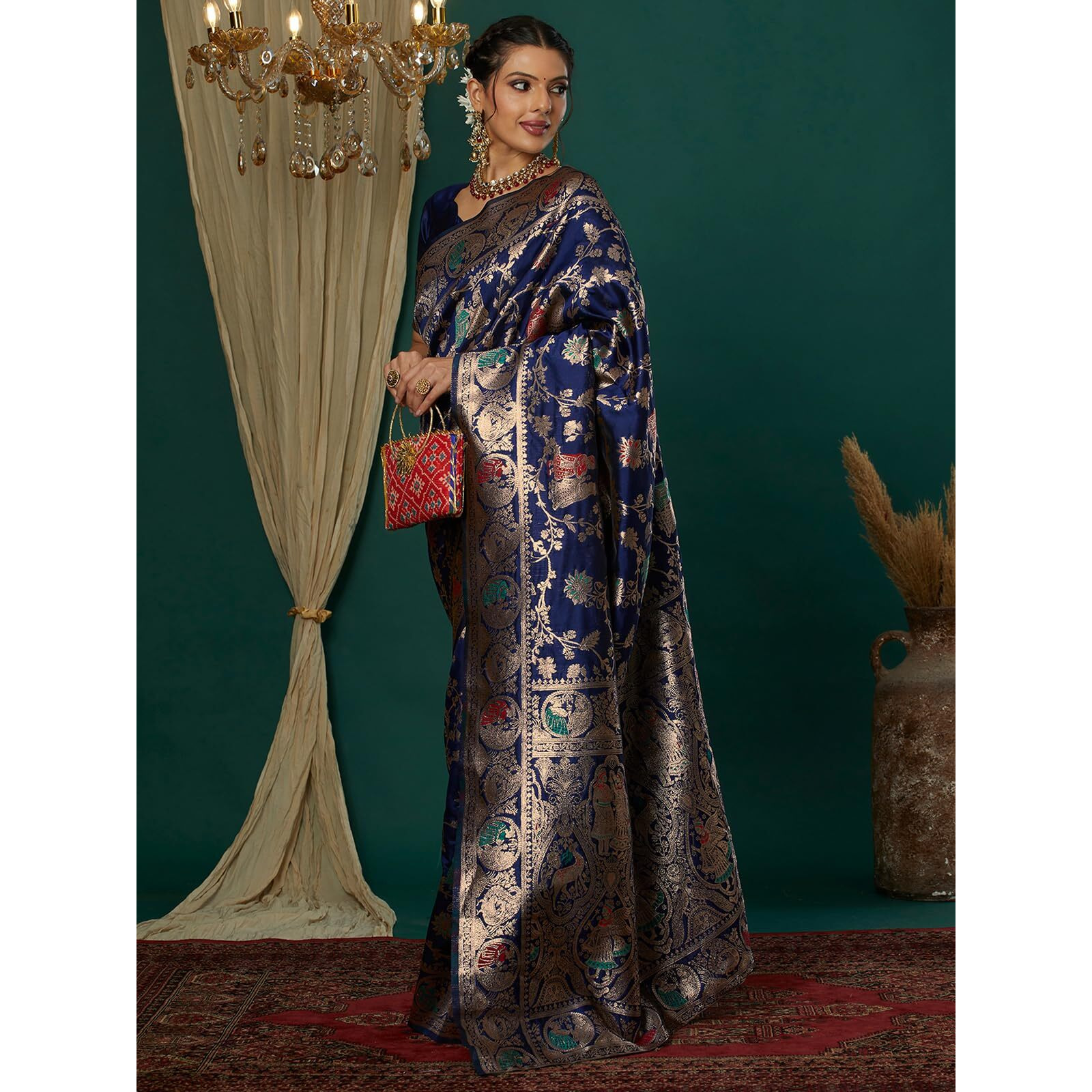 Satrani Women's Silk Blend Weaving Banarasi Saree With Unstitched Blouse Piece (4100S733N_Navy Blue1)