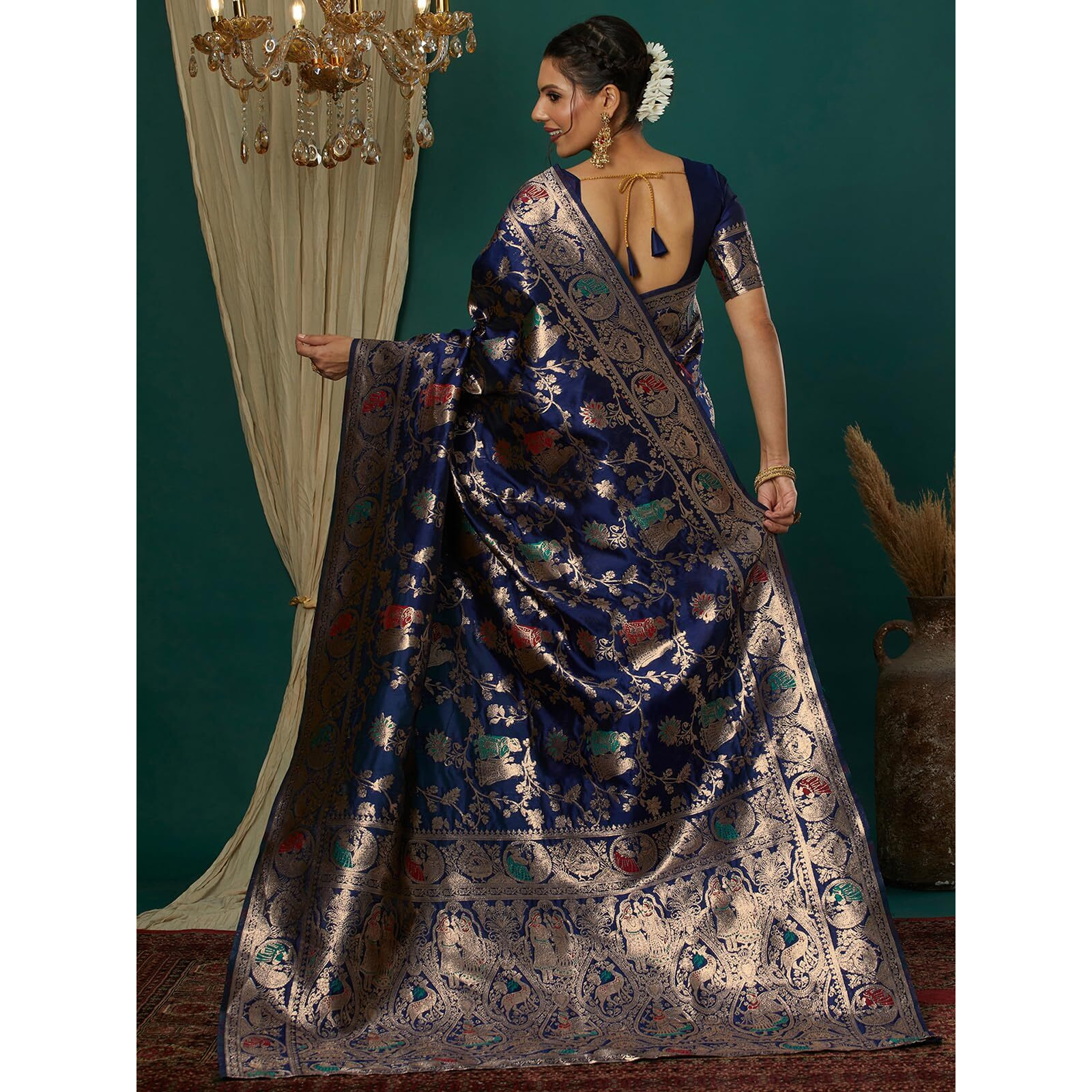 Satrani Women's Silk Blend Weaving Banarasi Saree With Unstitched Blouse Piece (4100S733N_Navy Blue1)