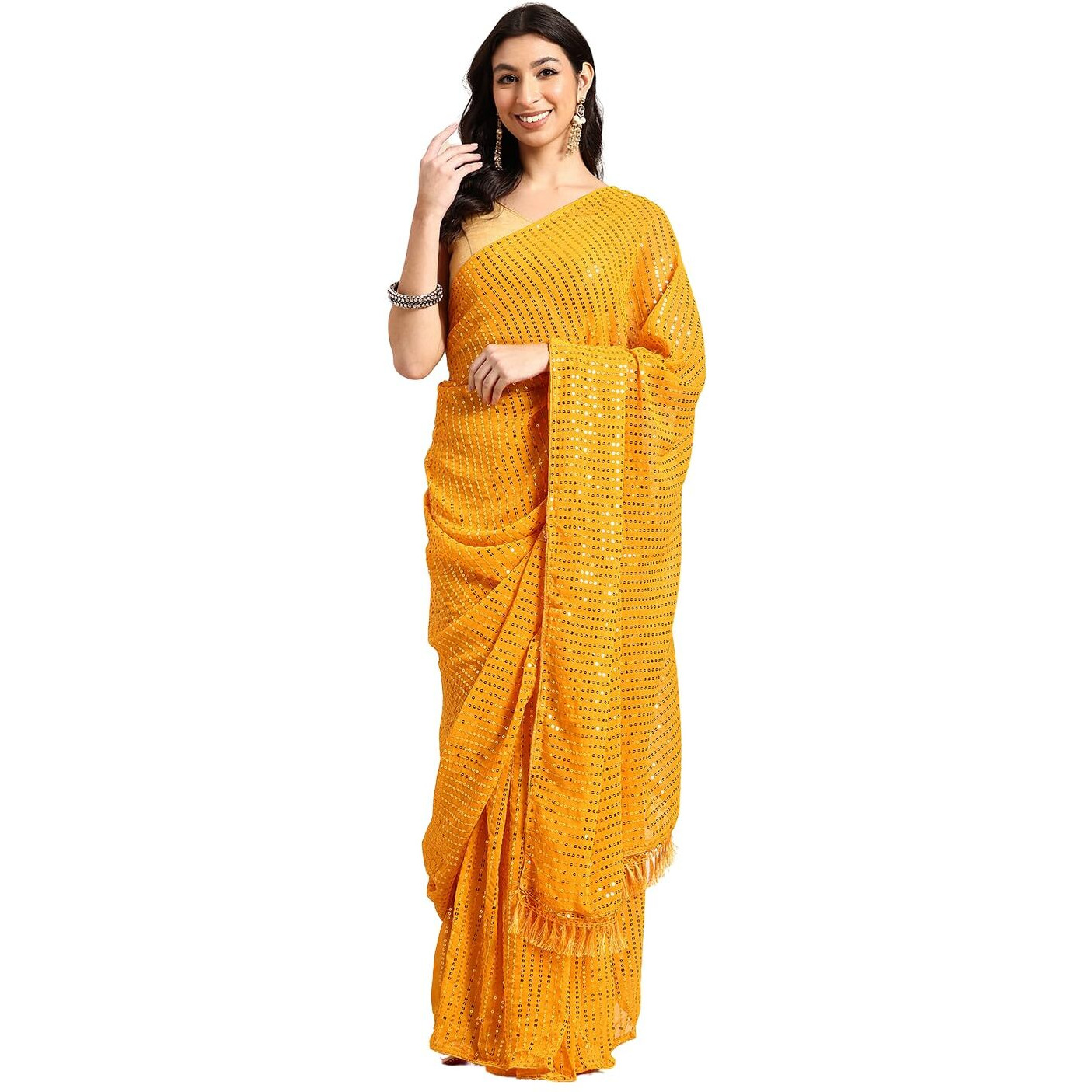 Shiv Textiles Women's Georgette Sequins Ready To Wear One Minute Saree For Women With Unstitched Blouse. (St-R-12-Yellow)