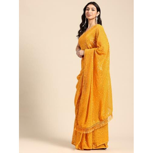 Shiv Textiles Women's Georgette Sequins Ready To Wear One Minute Saree For Women With Unstitched Blouse. (St-R-12-Yellow)