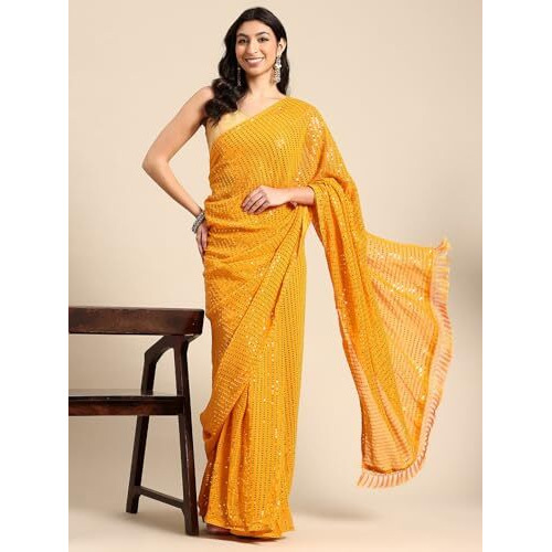 Shiv Textiles Women's Georgette Sequins Ready To Wear One Minute Saree For Women With Unstitched Blouse. (St-R-12-Yellow)