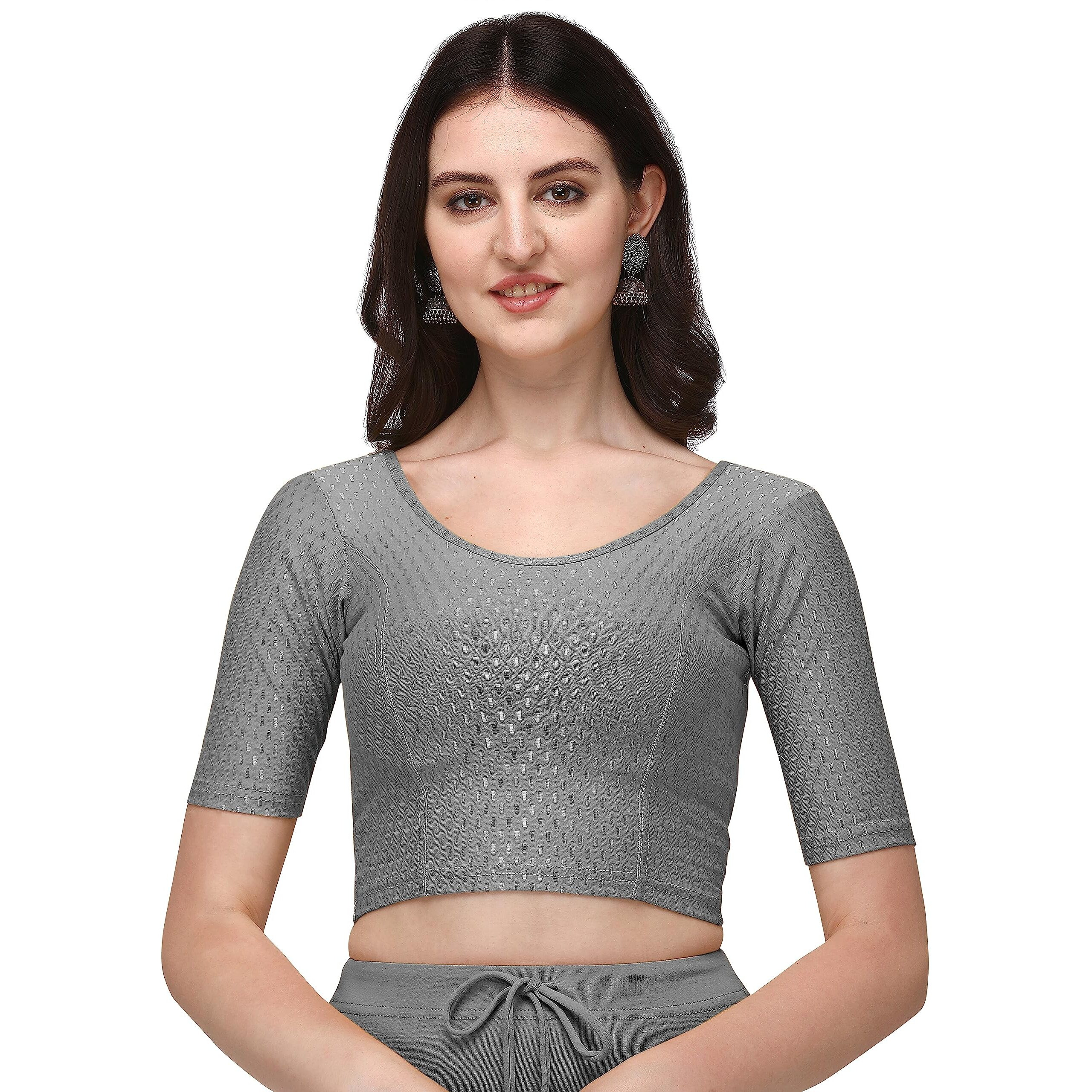 Shiv Textiles Round Neck Dobby Cotton Lycra Stretchable Elbow Sleeve Readymade Saree Blouse For Women Stylish (Greypluse Size)