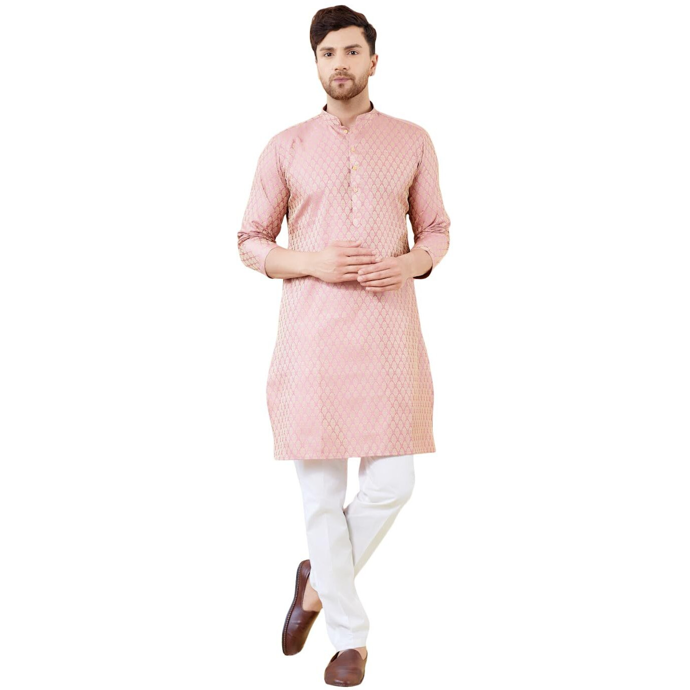See Designs Men Full Sleeve Sleeve Side Slit Mandarin Collar Pink Ethnic Motifs Silk Jacquard Woven Design Straight Kurta With Pyjama - Bnrskt72101M