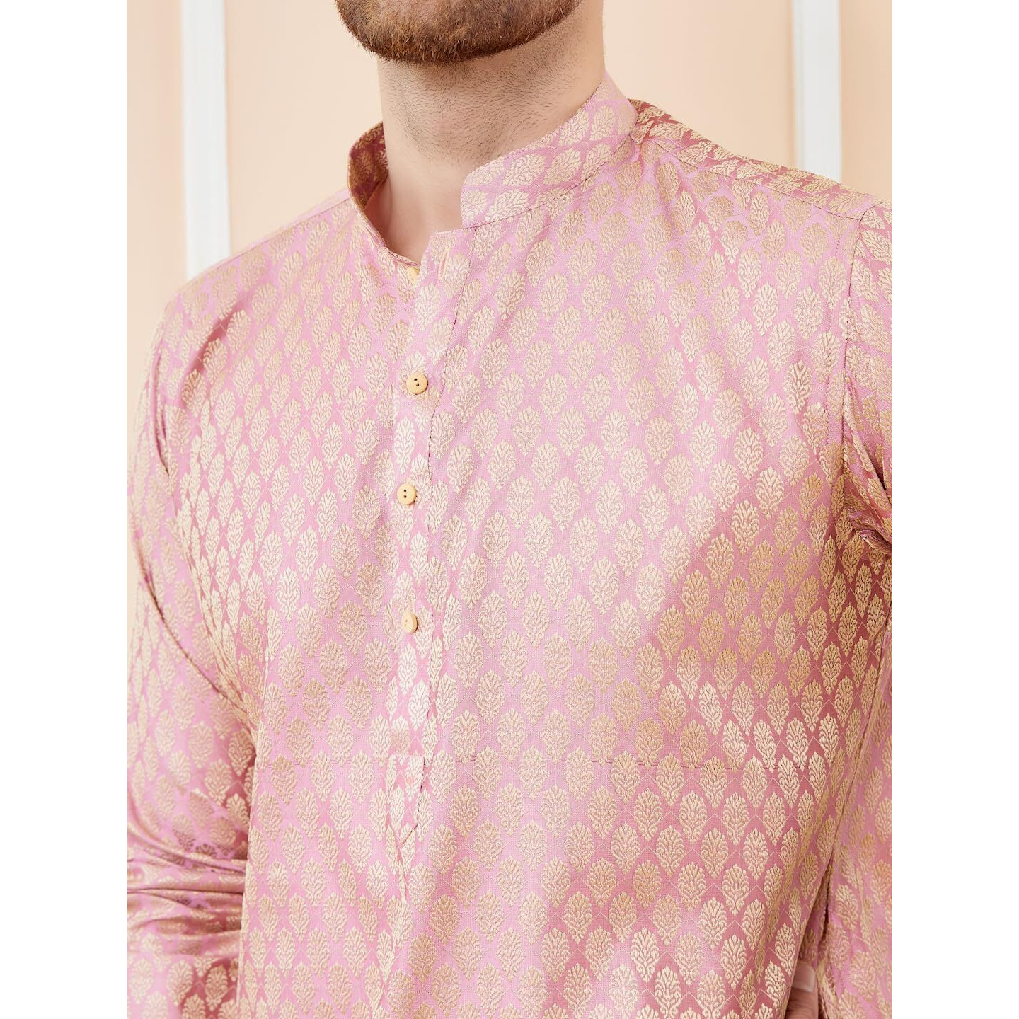 See Designs Men Full Sleeve Sleeve Side Slit Mandarin Collar Pink Ethnic Motifs Silk Jacquard Woven Design Straight Kurta With Pyjama - Bnrskt72101M