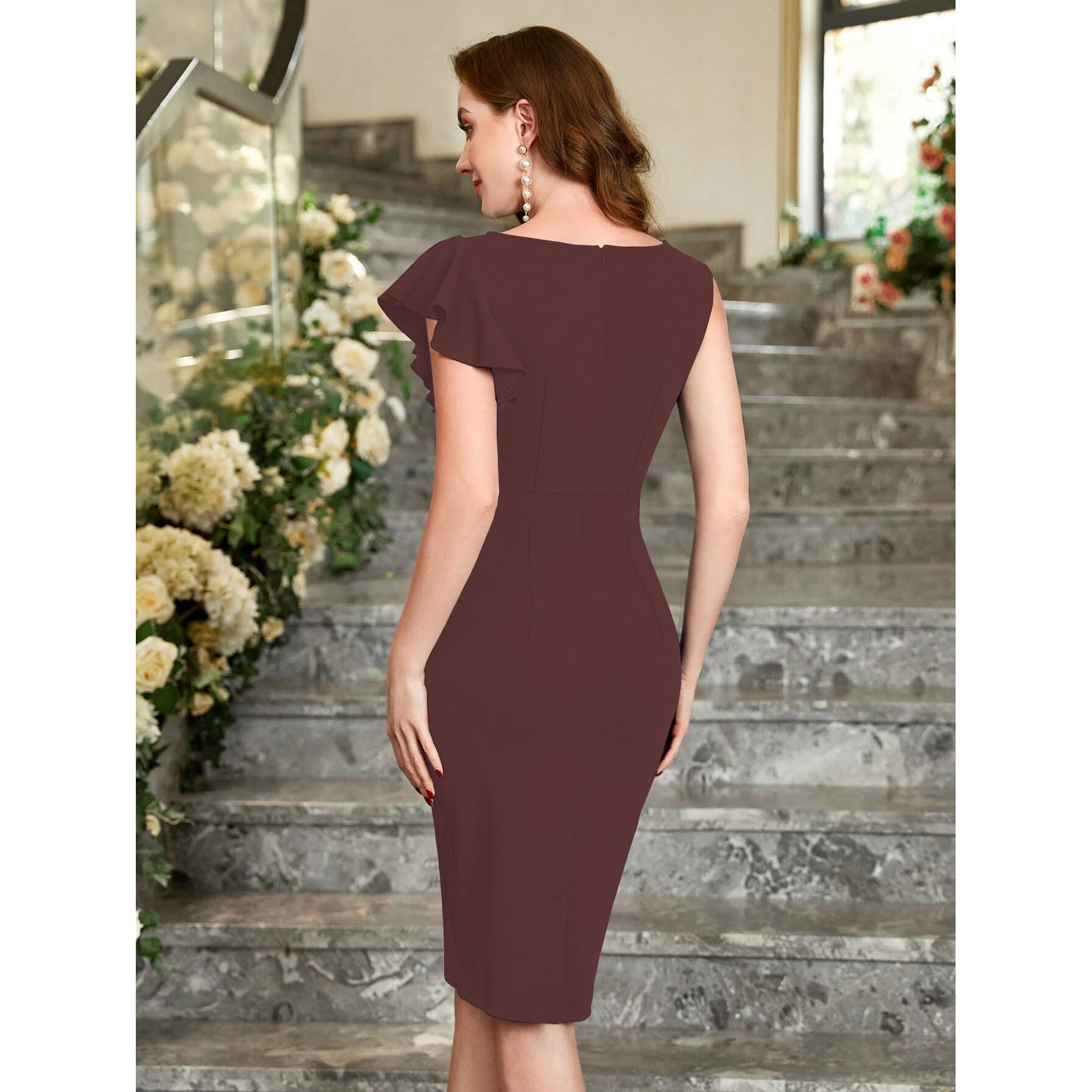 Shasmi Girl's & Women's Asymmetrical Sleeve Ruffle Trim Cocktail Party Fitted One Piece Knee Length Midi Dress For Women Stylish Dresses (Midi 169 Brown-L)