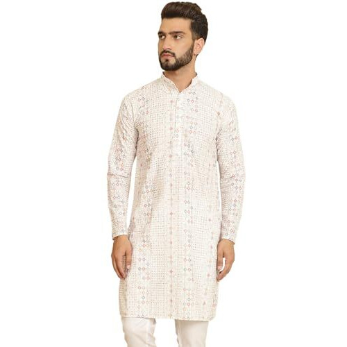 Sojanya (Since 1958 Men's Cotton Embroidered Printed White Color Only Long KurtaSize-36