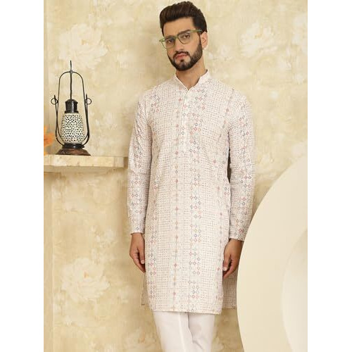 Sojanya (Since 1958 Men's Cotton Embroidered Printed White Color Only Long KurtaSize-36
