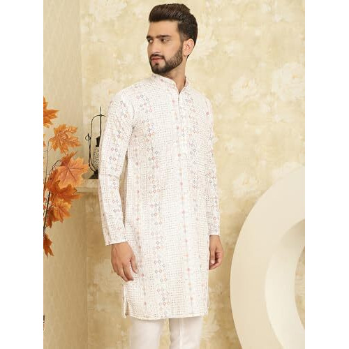 Sojanya (Since 1958 Men's Cotton Embroidered Printed White Color Only Long KurtaSize-36