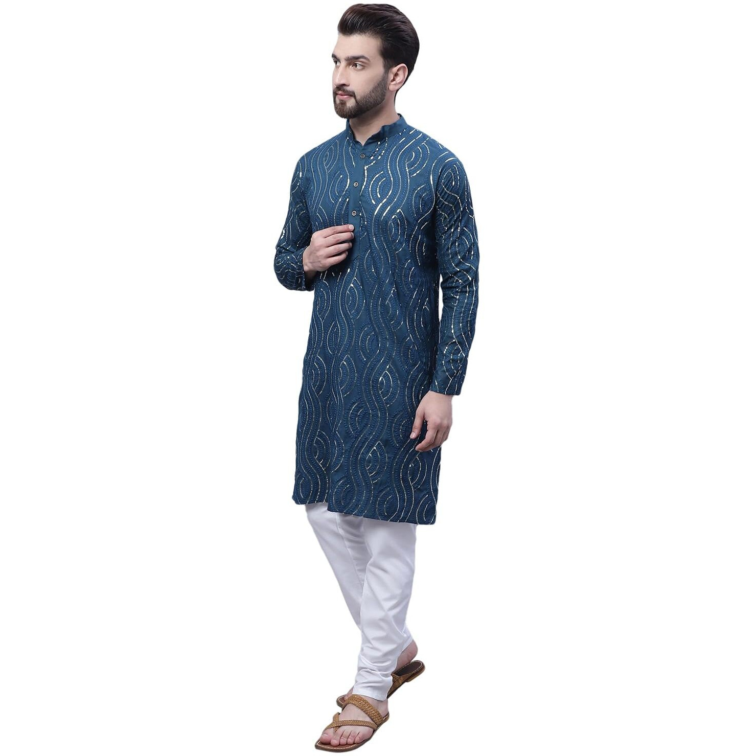 Sojanya (Since 1958 Men's Pure Cotton Teal Blue Kurta And White Pyjama With Beige Embroidery Nehru Jacket
