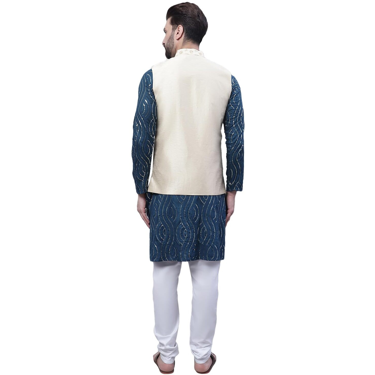 Sojanya (Since 1958 Men's Pure Cotton Teal Blue Kurta And White Pyjama With Beige Embroidery Nehru Jacket
