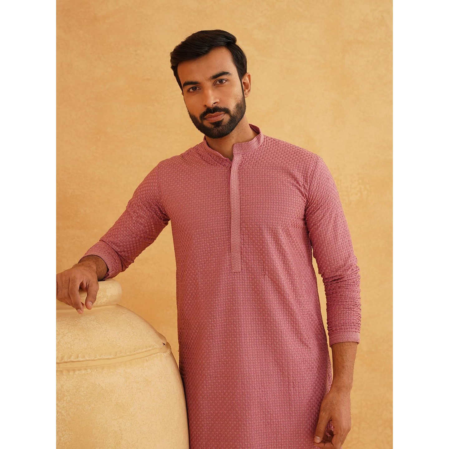 Sojanya (Since 1958 Men's Pure Cotton Checked Embroidered Coral Color Only Long KurtaSize-40