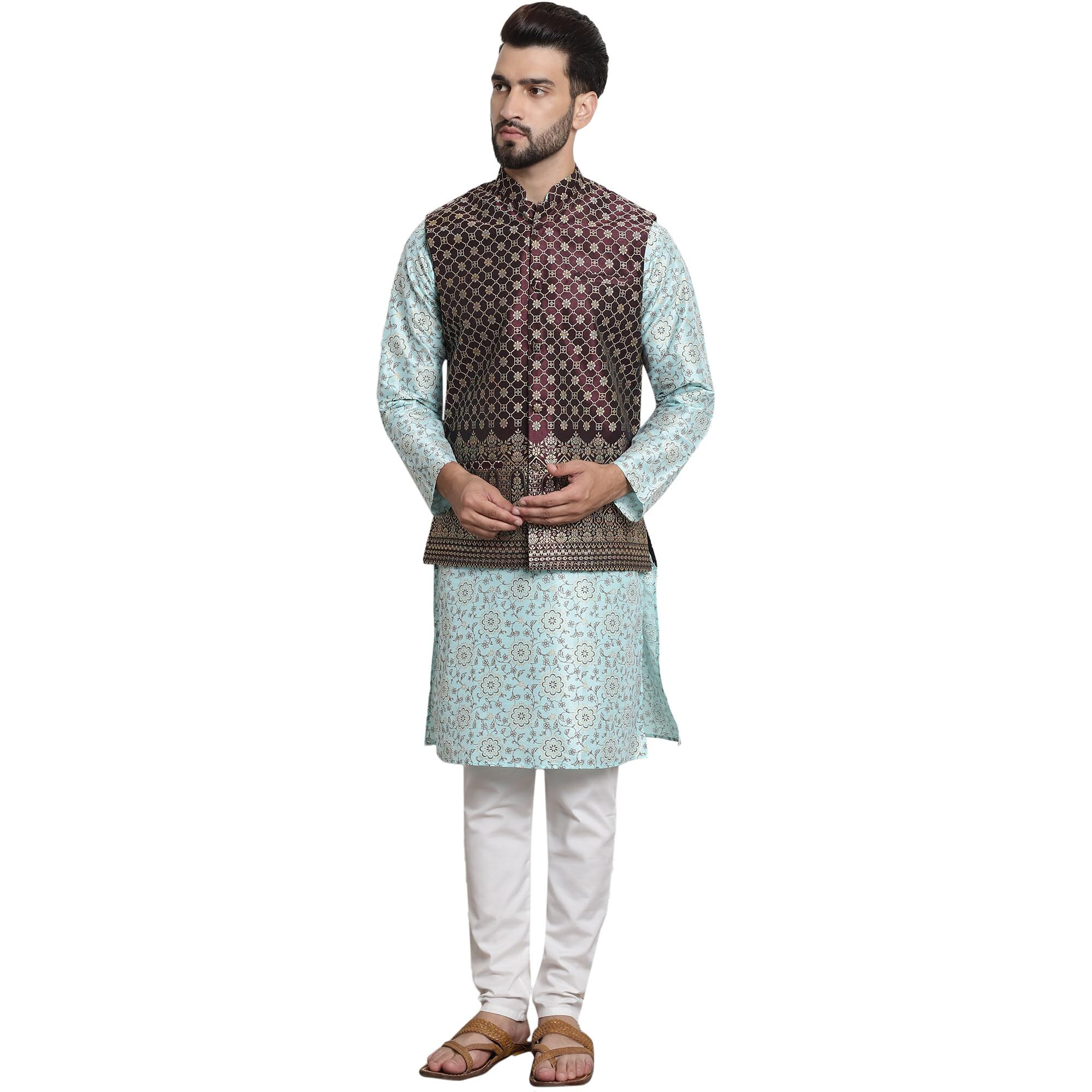 Sojanya (Since 1958 Men's Silk Blend Print Sea Green Kurta And Cream Pyjama With Wine Nehrujacket