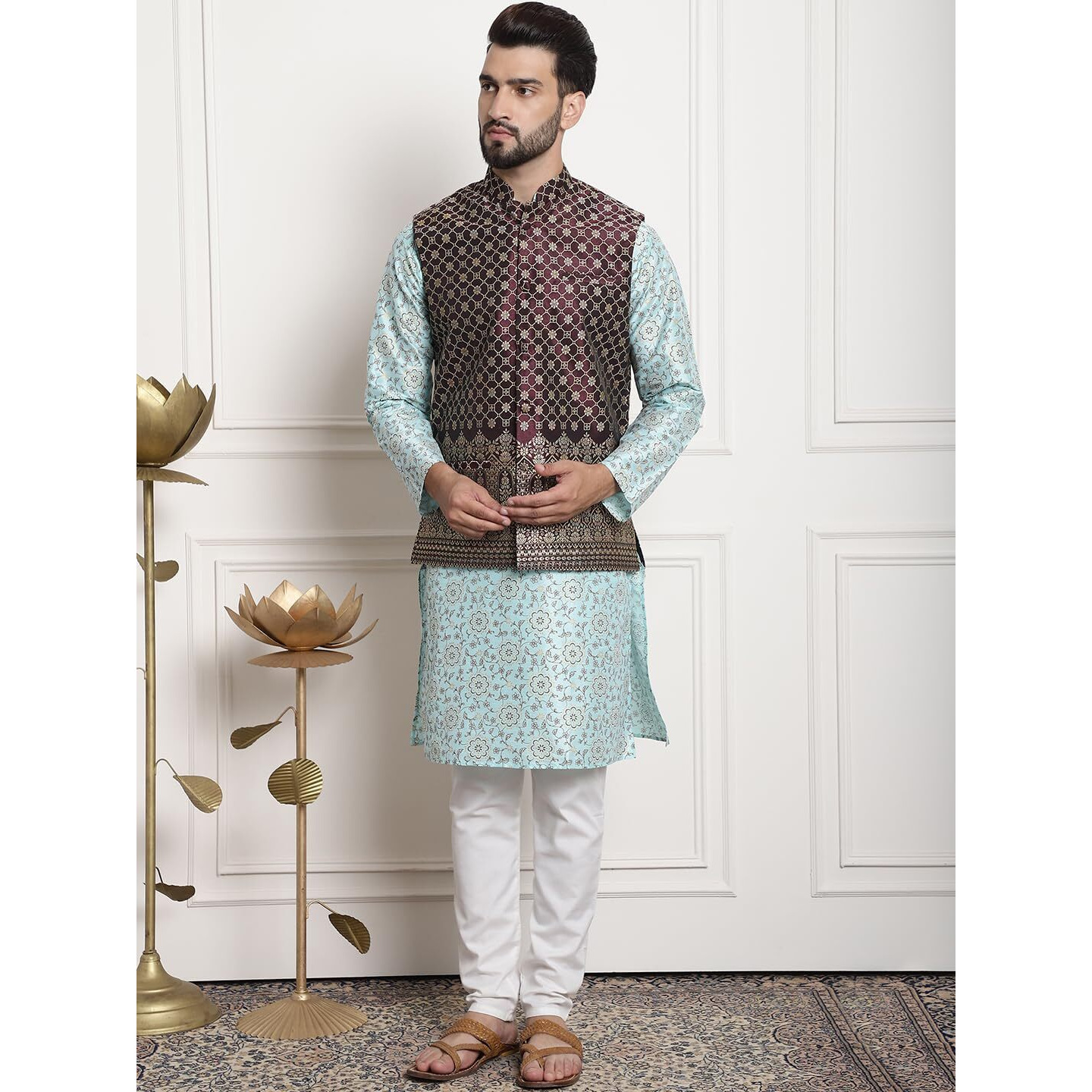 Sojanya (Since 1958 Men's Silk Blend Print Sea Green Kurta And Cream Pyjama With Wine Nehrujacket