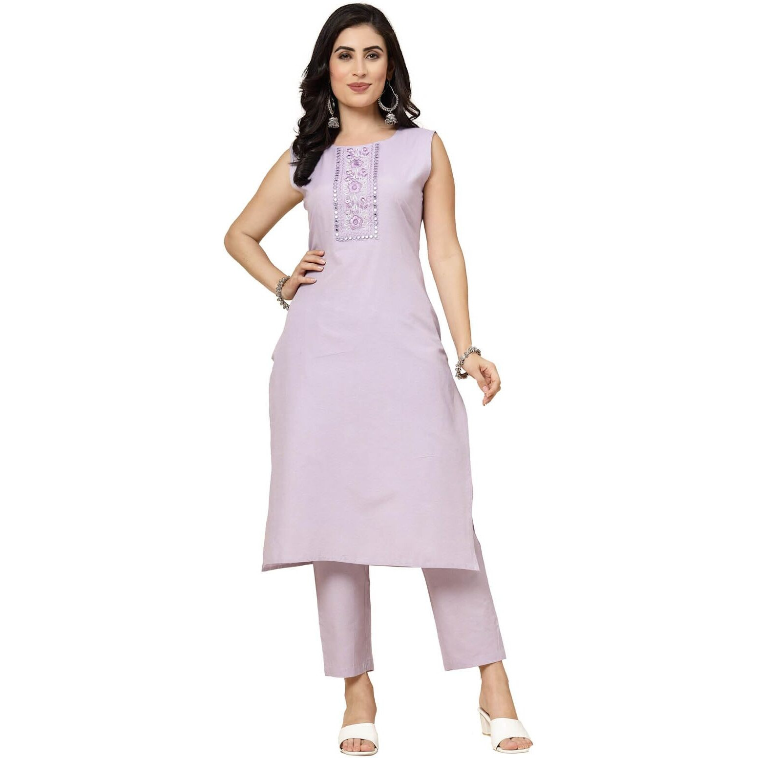 Stylum Women's Embroidered Cotton Blend Straight Kurta Pant Set (In, Alpha, L, Regular, Purple)
