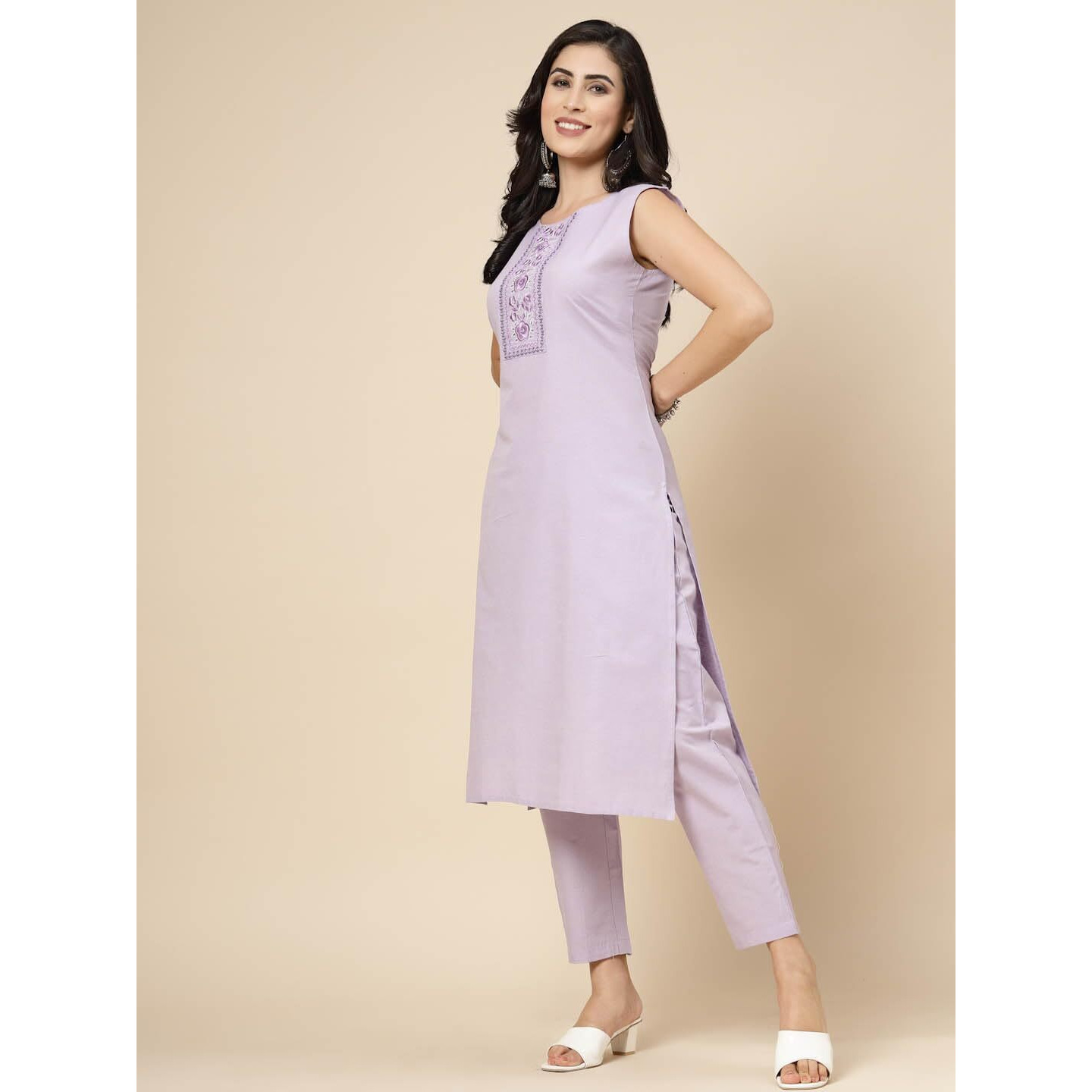 Stylum Women's Embroidered Cotton Blend Straight Kurta Pant Set (In, Alpha, L, Regular, Purple)