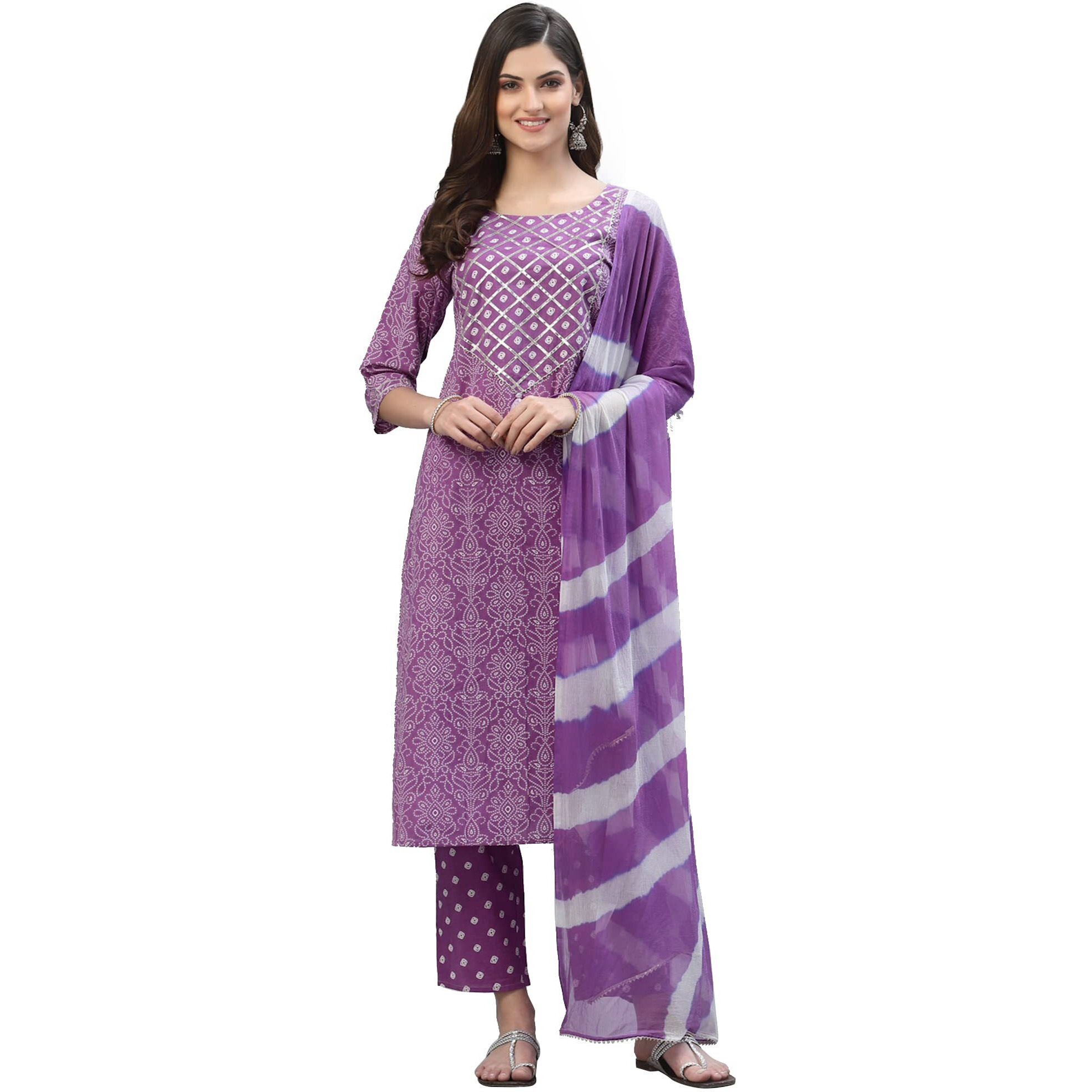 Stylum Women's Bandhej Printed Rayon Kurta Pant Dupatta Set (Kpdpurplelemon42_Purple, Xl)