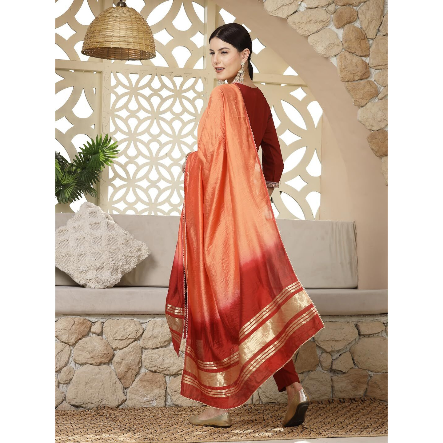 Stylum Women's Solid & Embroidered Rayon Straight Kurta Pant & Dupatta Set (Kpdrustkaavi44_Rust, Xxl)