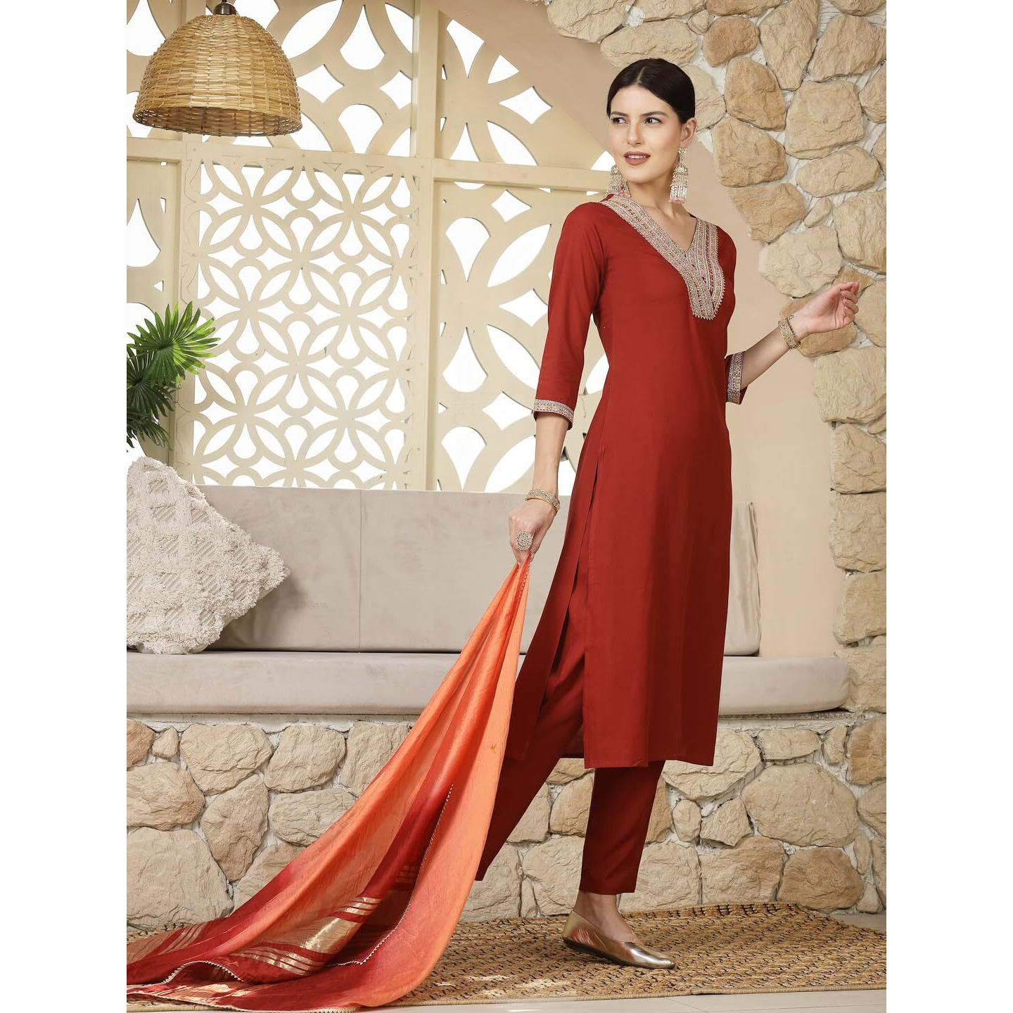 Stylum Women's Solid & Embroidered Rayon Straight Kurta Pant & Dupatta Set (Kpdrustkaavi44_Rust, Xxl)