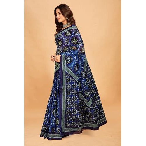 Tamaira Fashion Women's Bandhani Printed Pure Cotton Mulmul Saree Without Blouse Piece(11635_Indigo Blue)