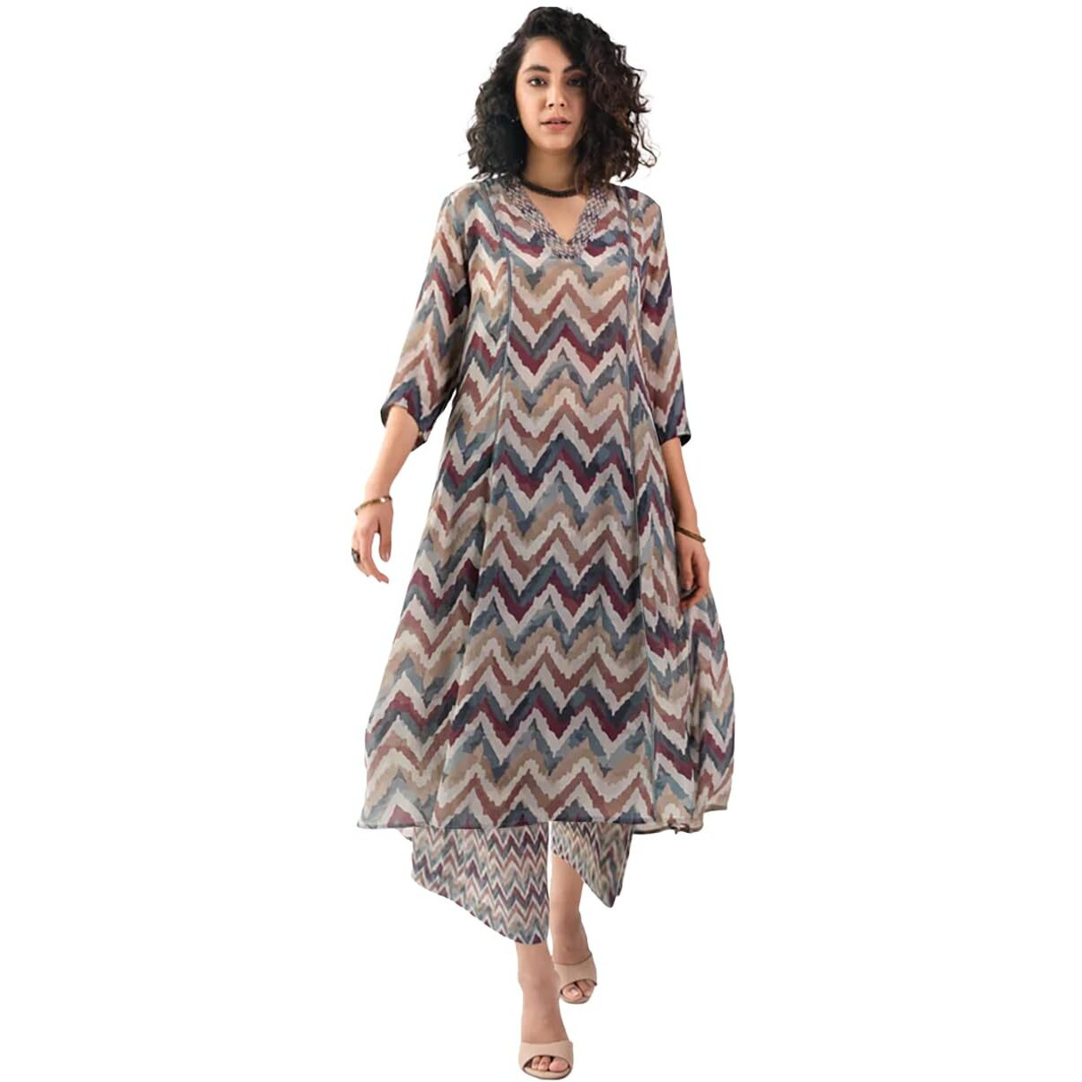 Toochki Women's Multi Color Zig Zag Printed Rayon Stitched Co-Ord Set Dress With Relaxed Fit For Women In Two Piece Set Top & Plazzo 3/4 Sleeve Co-Ord Dress Look