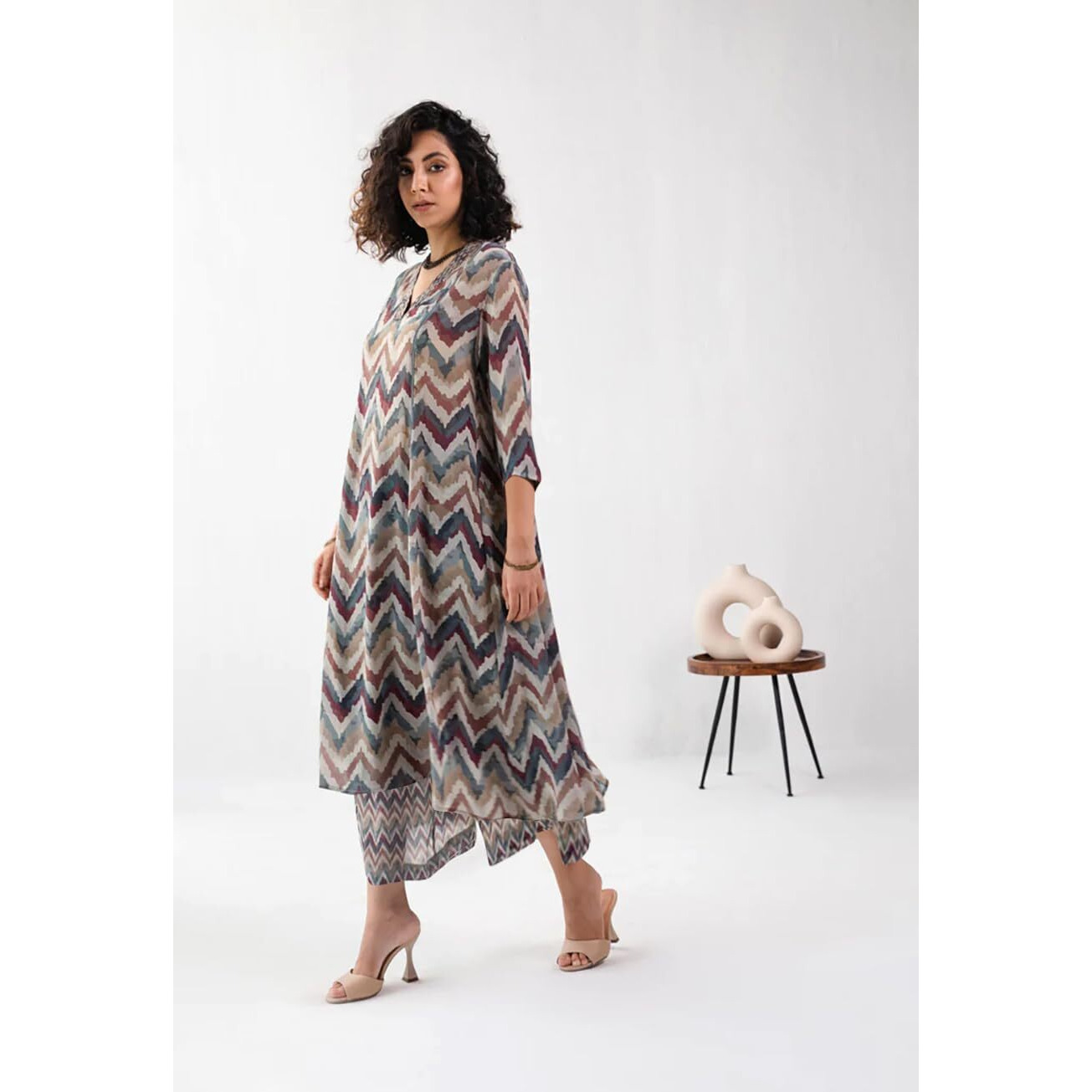 Toochki Women's Multi Color Zig Zag Printed Rayon Stitched Co-Ord Set Dress With Relaxed Fit For Women In Two Piece Set Top & Plazzo 3/4 Sleeve Co-Ord Dress Look