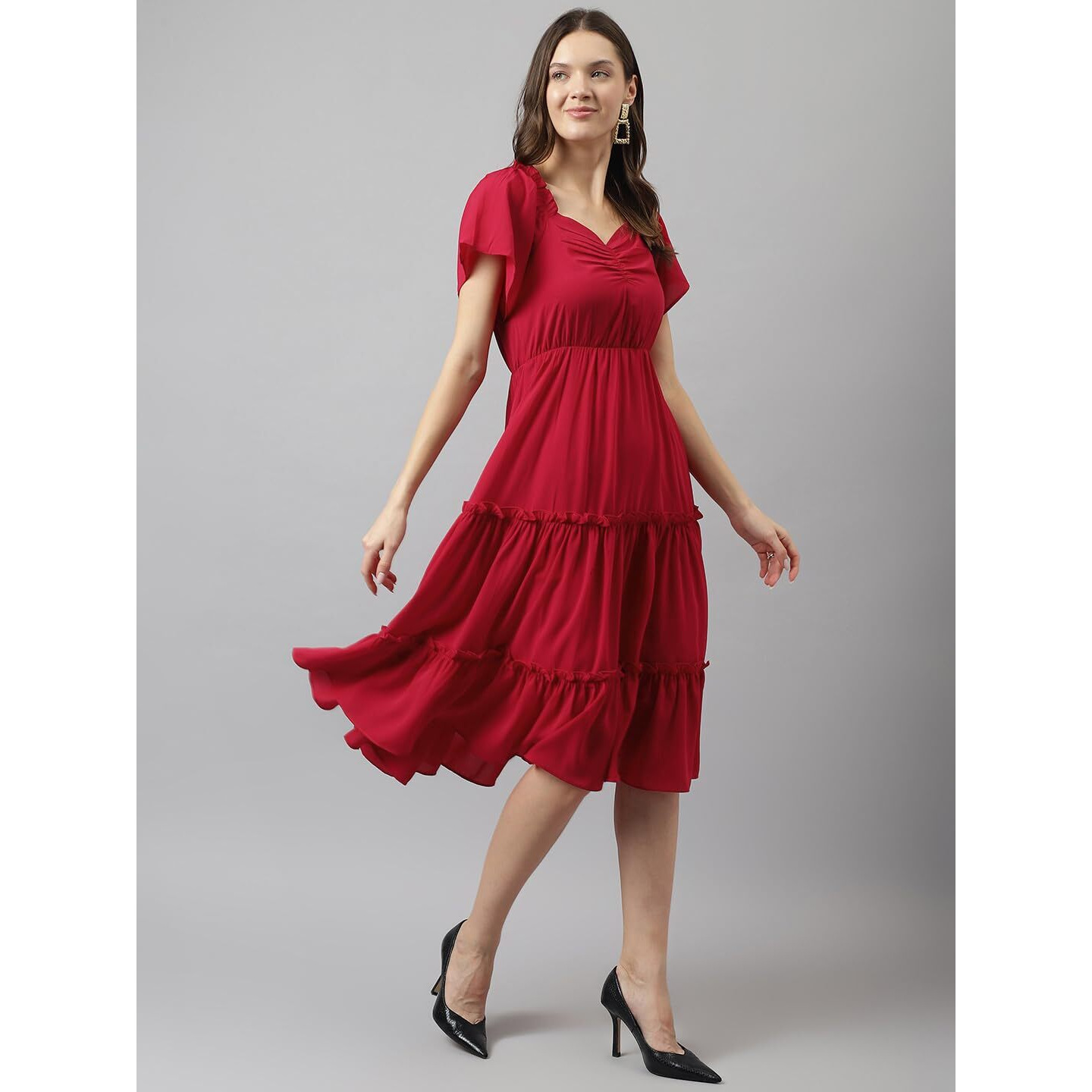 Toochki Women's Red Rayon Solid Tiered Western Dress|Dress For Women|A Line|Anarkali Dress|Midi Gown Dress|Western Dress|Exclusive Women Dress|Bollywood Dress|Fashion