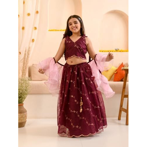 Pspeaches Girl's Cotton Blend Lehenga Choli (L-Wineorganza_Burgundy_15-16Y)