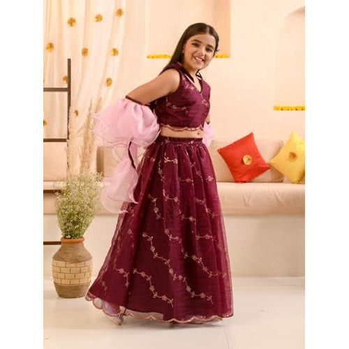 Pspeaches Girl's Cotton Blend Lehenga Choli (L-Wineorganza_Burgundy_15-16Y)
