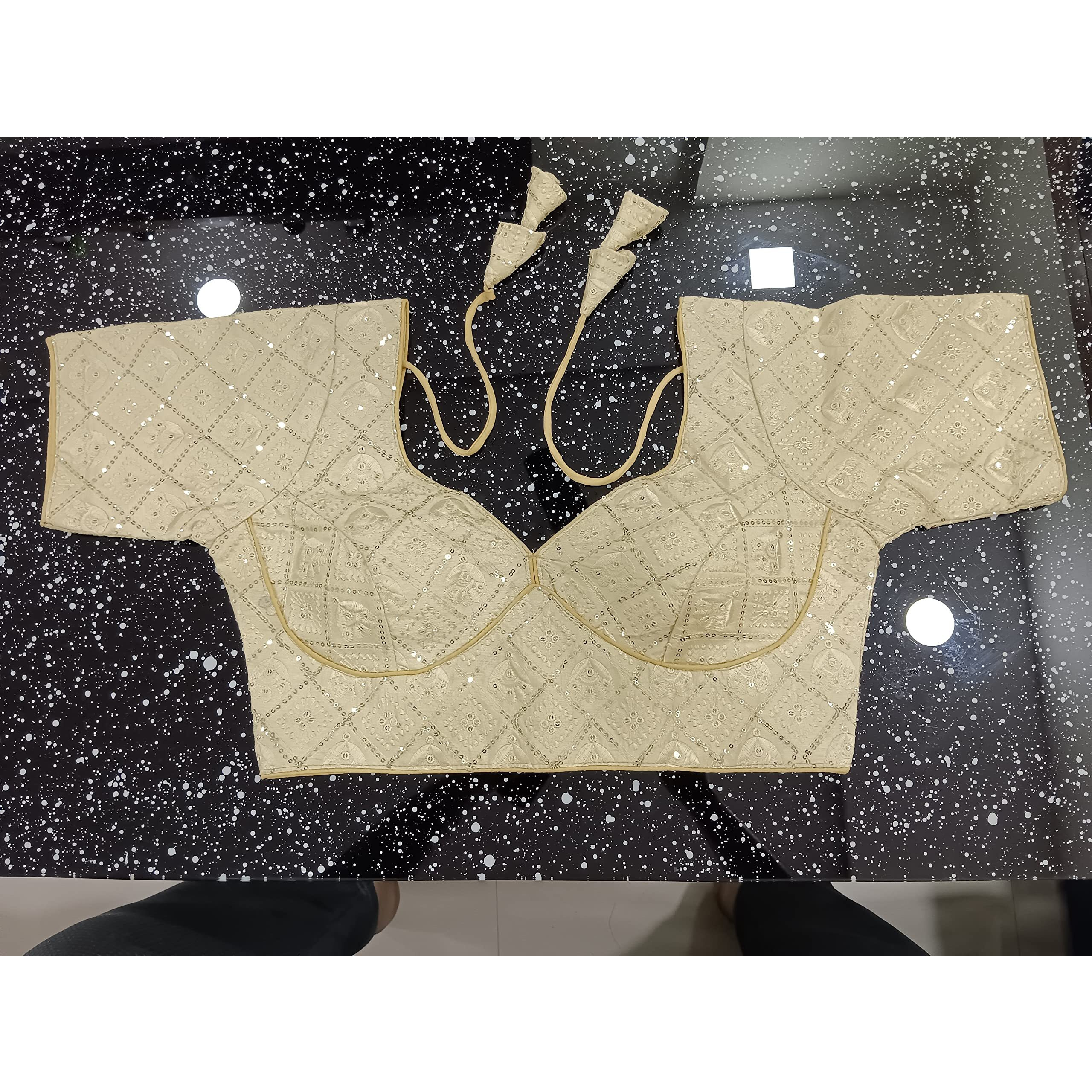 Pujia Mills Women's Phantom Fabric Silk With Multi Embroidery Work, Sweetheart Neck Half Sleeves And Milticolour Ready To Wear Stylish Blouse