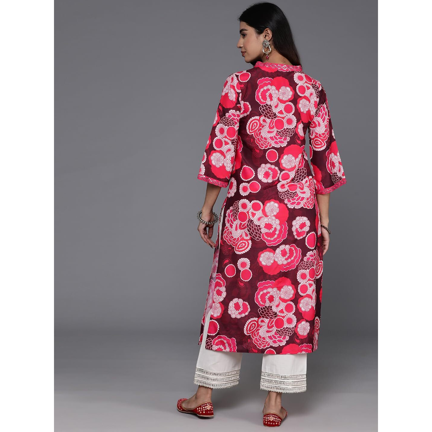 Varanga Womenred Floral Printed Sequine Embroidered V-Neck Straight Kurta