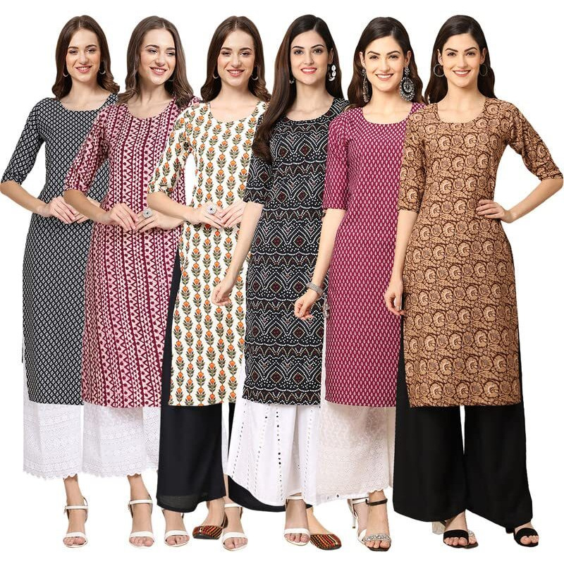 Pinkmint Women's Crepe Digital Print Straight Kurta [Pack Of 6] Multicolour