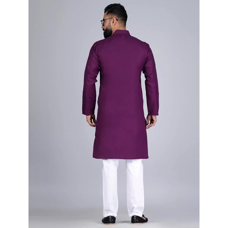 Pinkmint Kurta For Men Cotton Mandarin Collar Long Sleeve Soild Traditional Kurta