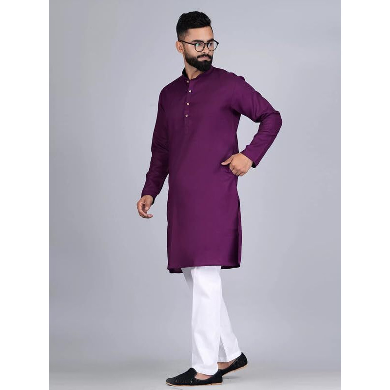 Pinkmint Kurta For Men Cotton Mandarin Collar Long Sleeve Soild Traditional Kurta