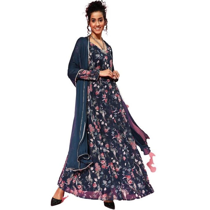 Varanga Women Navy Blue Floral Printed Gota Embellished Anarkali Kurta With Tonal Solid Chiffon Dupatta (Large)
