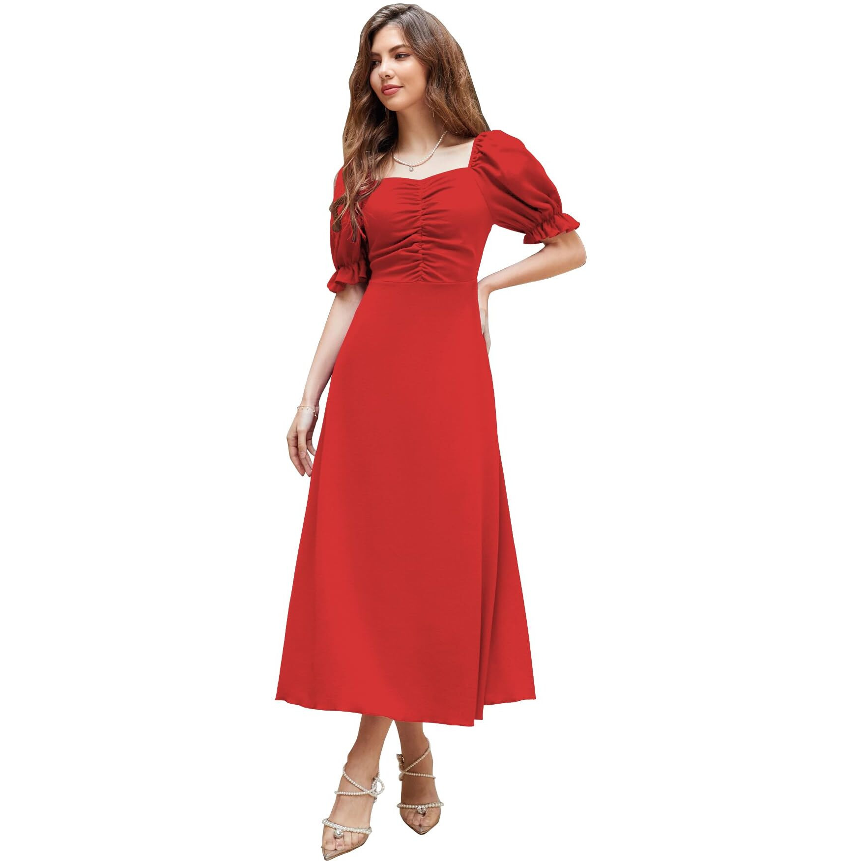 Shasmi Girl's & Women's Solid Red A-Line Ruched Puff Sleeve Maxi Long Evening One Piece Long Dress For Women Stylish (Dress 131 Red-Xl)