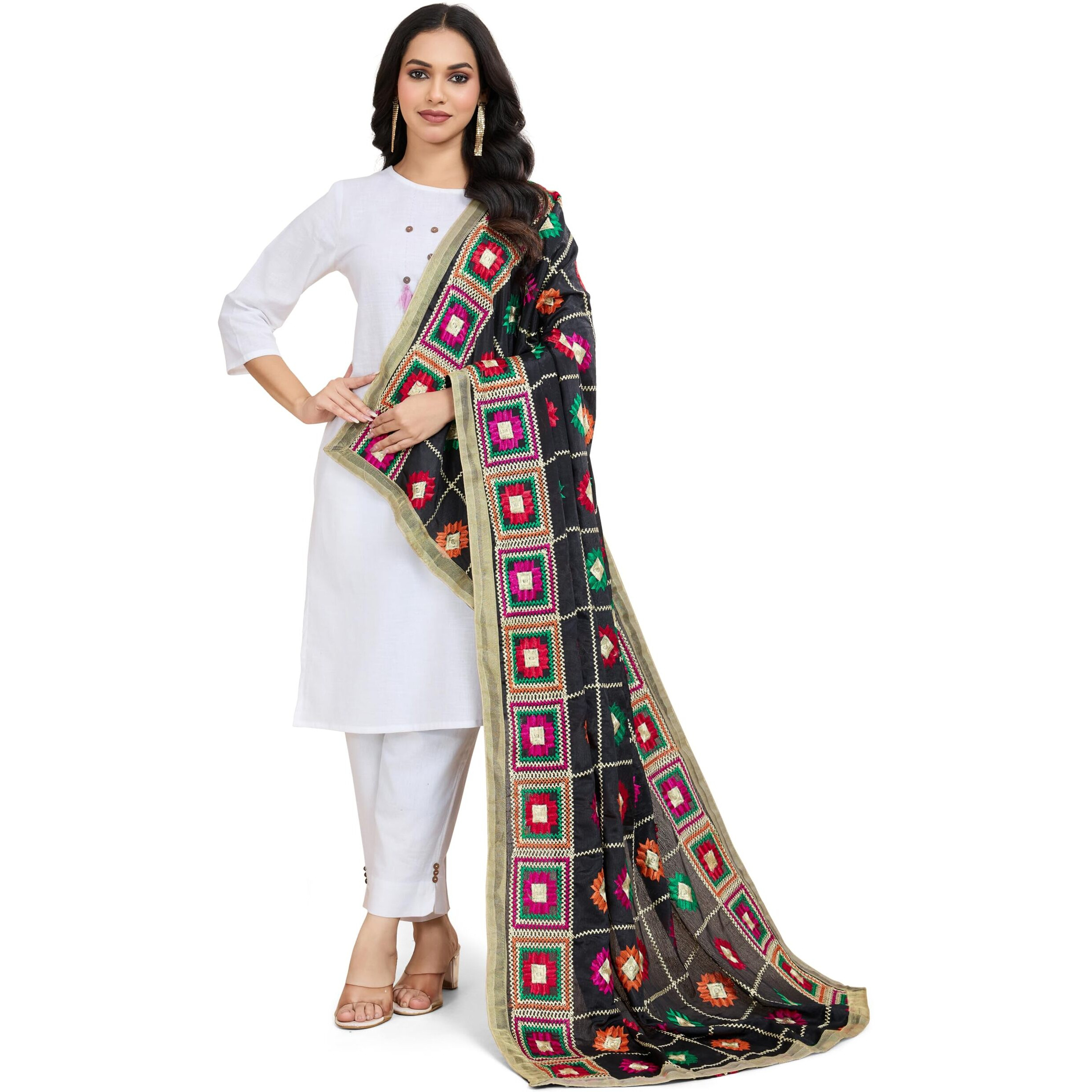 Weavers Villa Women's Chinnon Silk Aari Embroided Phulkari Dupatta, Chunni (Black), 2.25 Mtrs