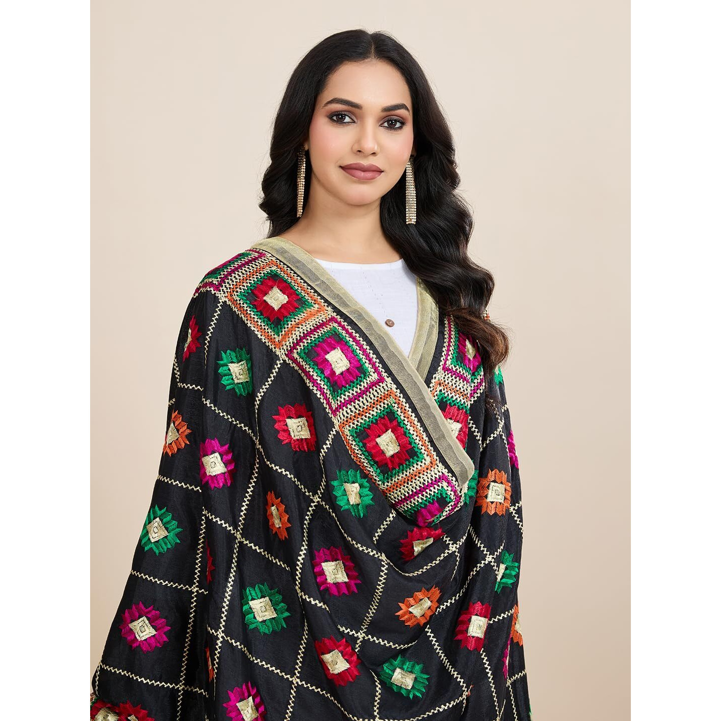Weavers Villa Women's Chinnon Silk Aari Embroided Phulkari Dupatta, Chunni (Black), 2.25 Mtrs