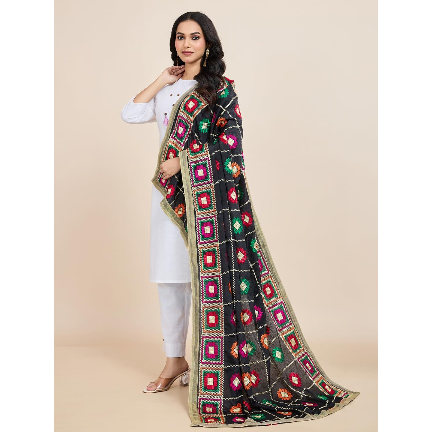 Weavers Villa Women's Chinnon Silk Aari Embroided Phulkari Dupatta, Chunni (Black), 2.25 Mtrs