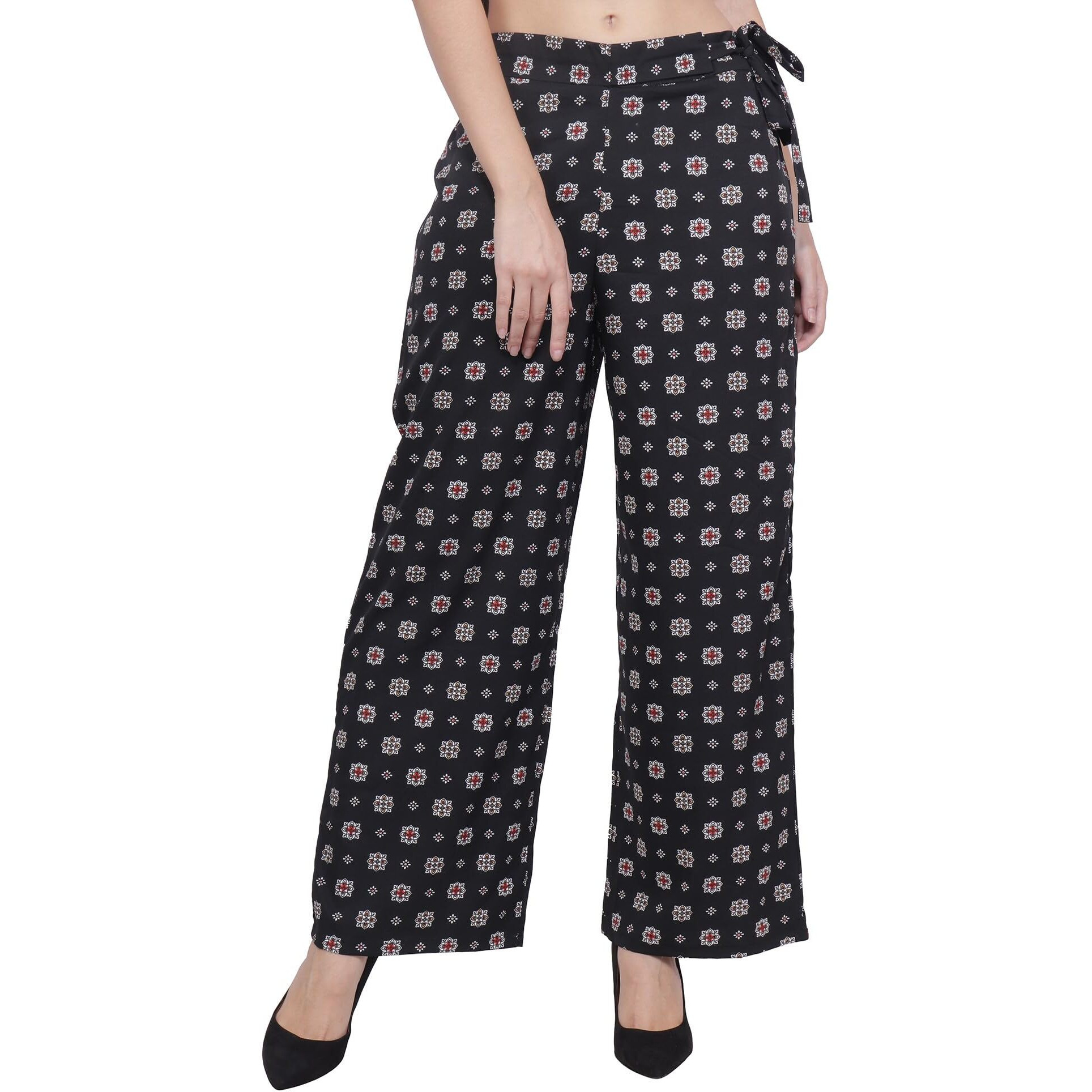 Popwings Casual Black Floral Box Printed Regular Fit Palazzo For Women Palazzos For Women