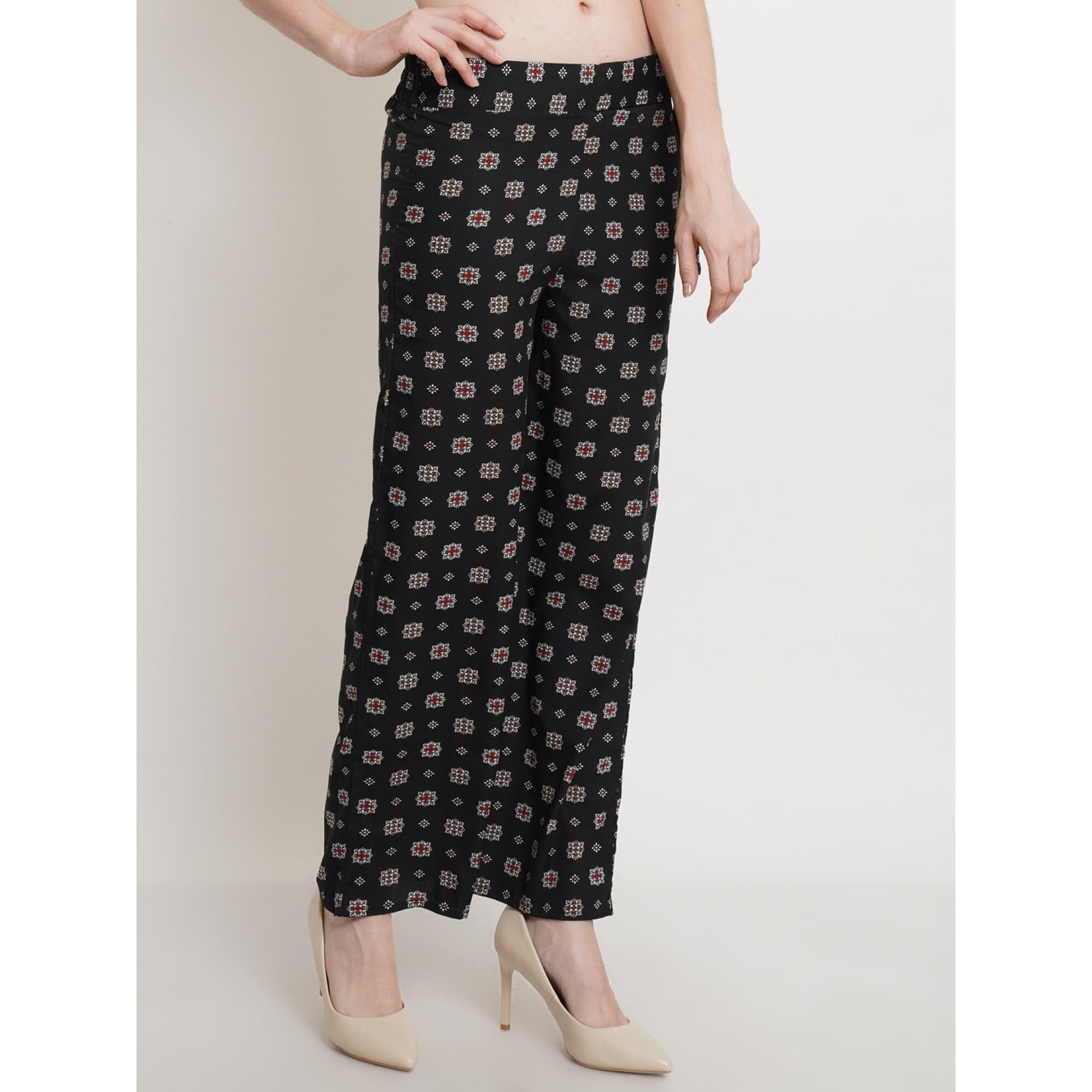 Popwings Casual Black Floral Box Printed Regular Fit Palazzo For Women Palazzos For Women
