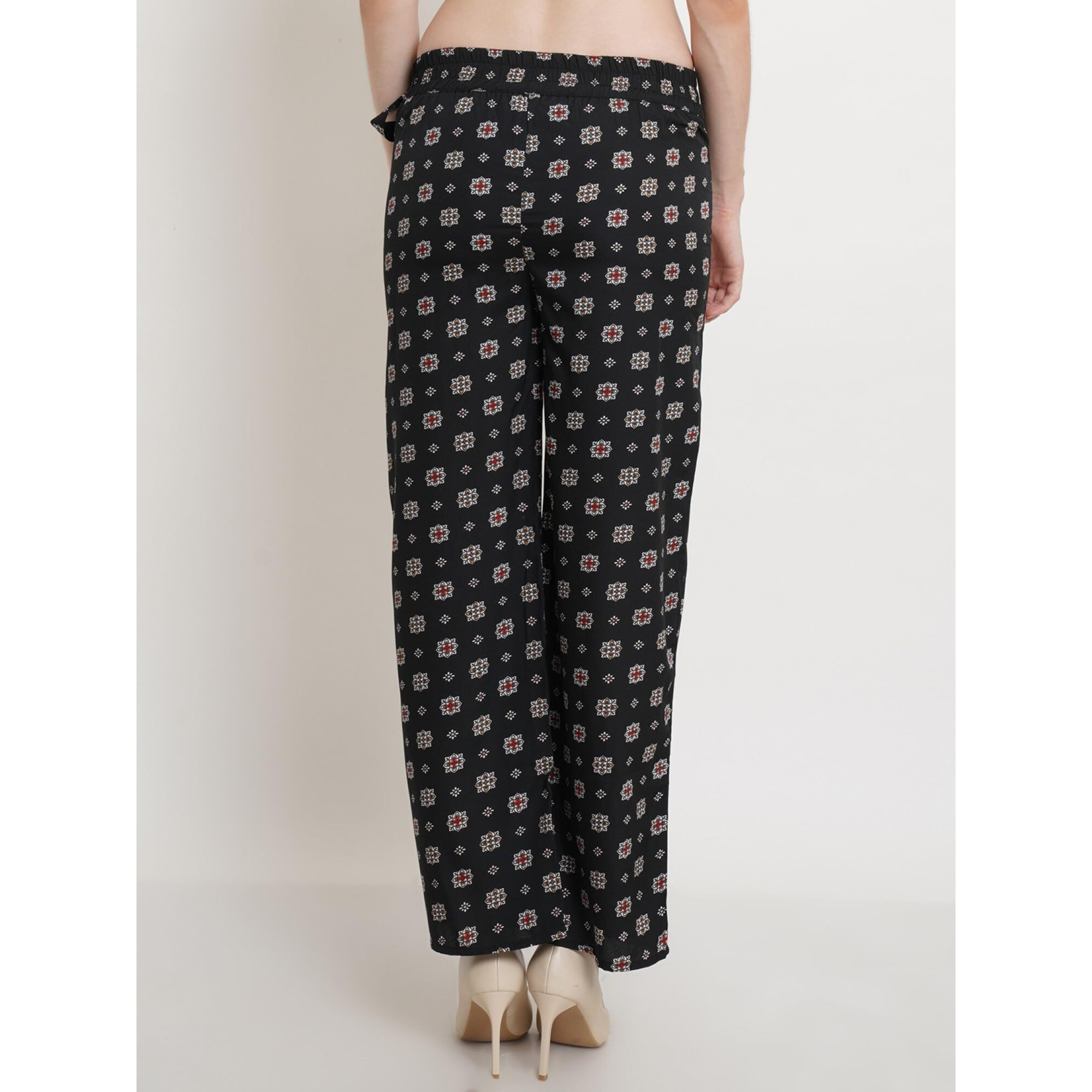 Popwings Casual Black Floral Box Printed Regular Fit Palazzo For Women Palazzos For Women