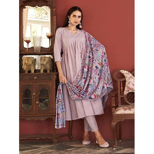 Womanista Women's Rose Pink Tonal Thread Embroidered Alia Cut Kurta With Pant & Dupatta (Kurtaset_1294A_Xl)